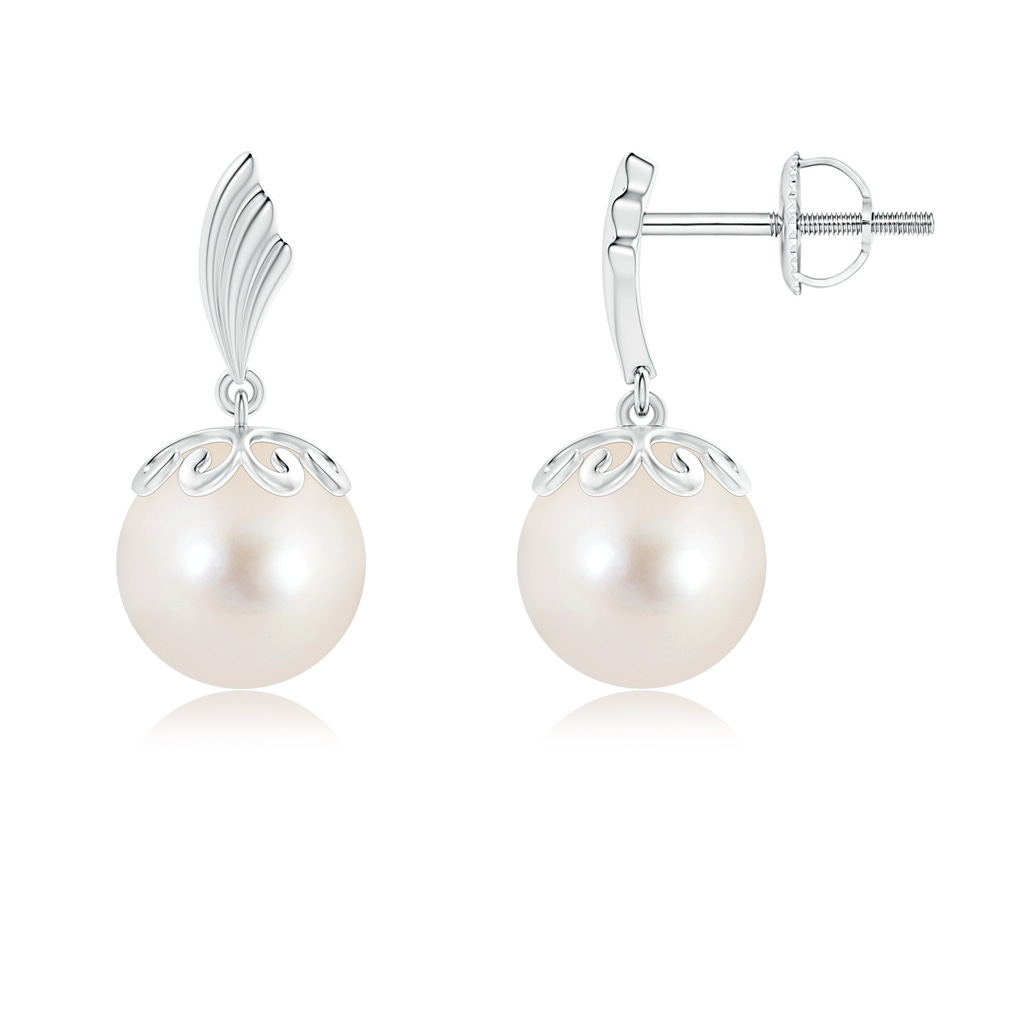 8mm AAAA Freshwater Pearl Dangle Earrings with Wing Motif in White Gold