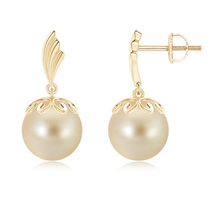 9mm AAA Golden South Sea Cultured Pearl Earrings with Wing Motif in Yellow Gold