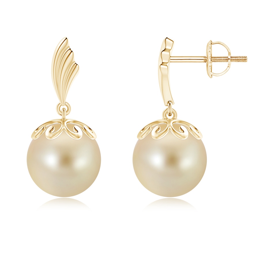 9mm AAA Golden South Sea Cultured Pearl Earrings with Wing Motif in Yellow Gold 