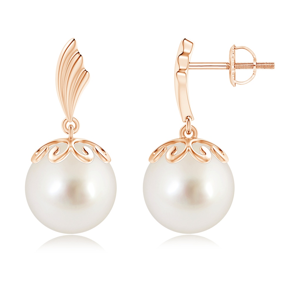 10mm AAAA South Sea Cultured Pearl Dangle Earrings with Wing Motif in Rose Gold