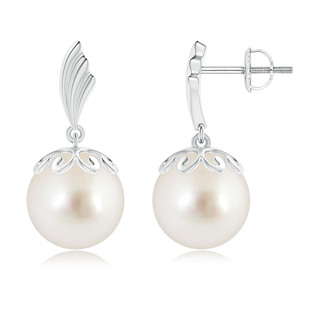 10mm AAAA South Sea Cultured Pearl Dangle Earrings with Wing Motif in White Gold