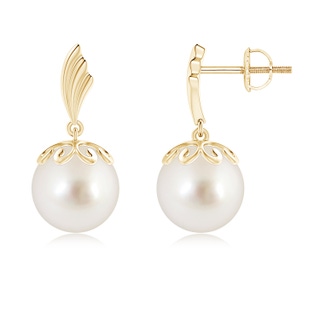 9mm AAAA South Sea Cultured Pearl Dangle Earrings with Wing Motif in Yellow Gold