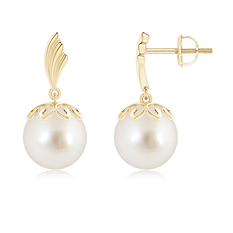 9mm AAAA South Sea Cultured Pearl Dangle Earrings with Wing Motif in Yellow Gold 