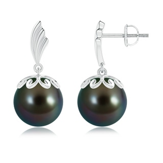 10mm AAAA Tahitian Cultured Pearl Dangle Earrings with Wing Motif in White Gold