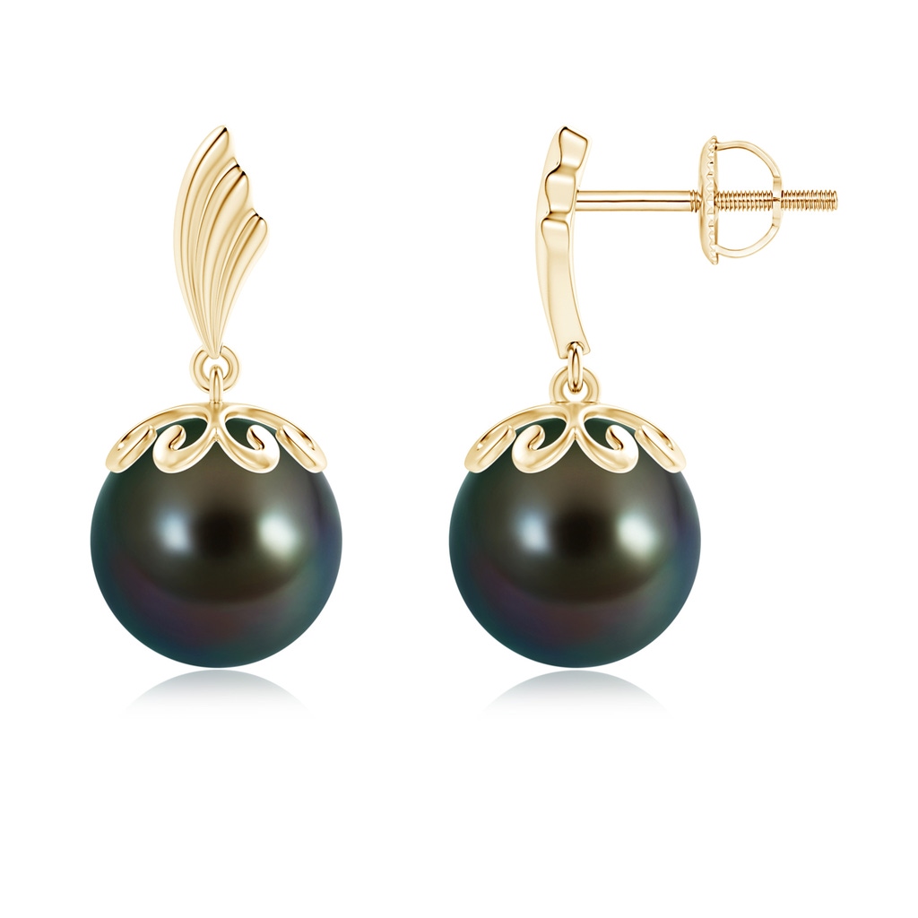 9mm AAAA Tahitian Cultured Pearl Dangle Earrings with Wing Motif in Yellow Gold