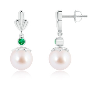 8mm AAA Akoya Cultured Pearl & Emerald Pear Motif Earrings in White Gold
