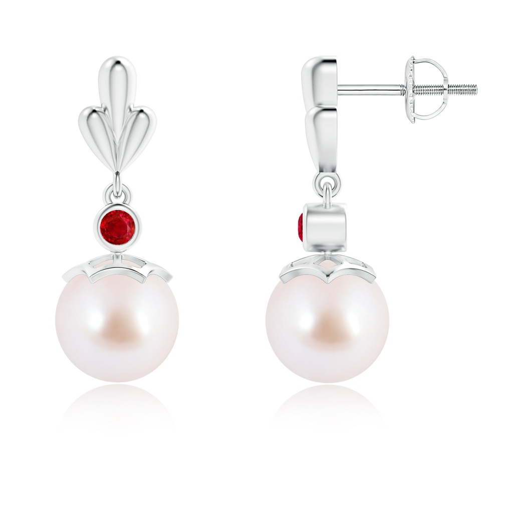 8mm AAA Japanese Akoya Pearl & Ruby Pear Motif Earrings in White Gold