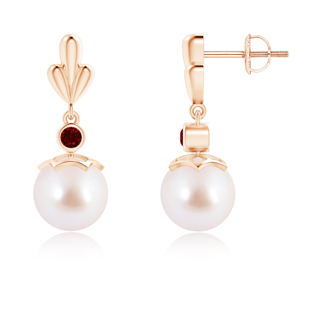 8mm AAAA Japanese Akoya Pearl & Ruby Pear Motif Earrings in Rose Gold