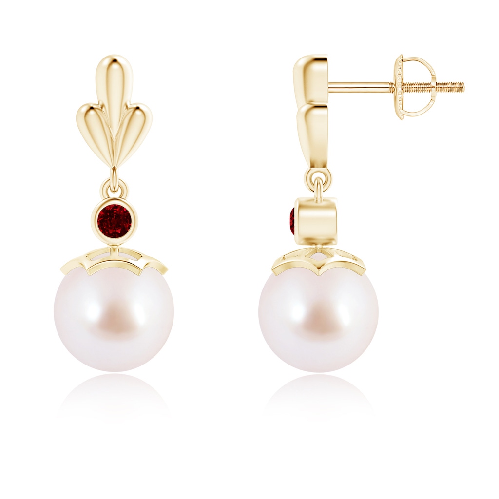 8mm AAAA Japanese Akoya Pearl & Ruby Pear Motif Earrings in Yellow Gold