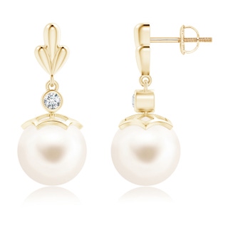 10mm AAA Freshwater Cultured Pearl & Diamond Pear Motif Earrings in Yellow Gold