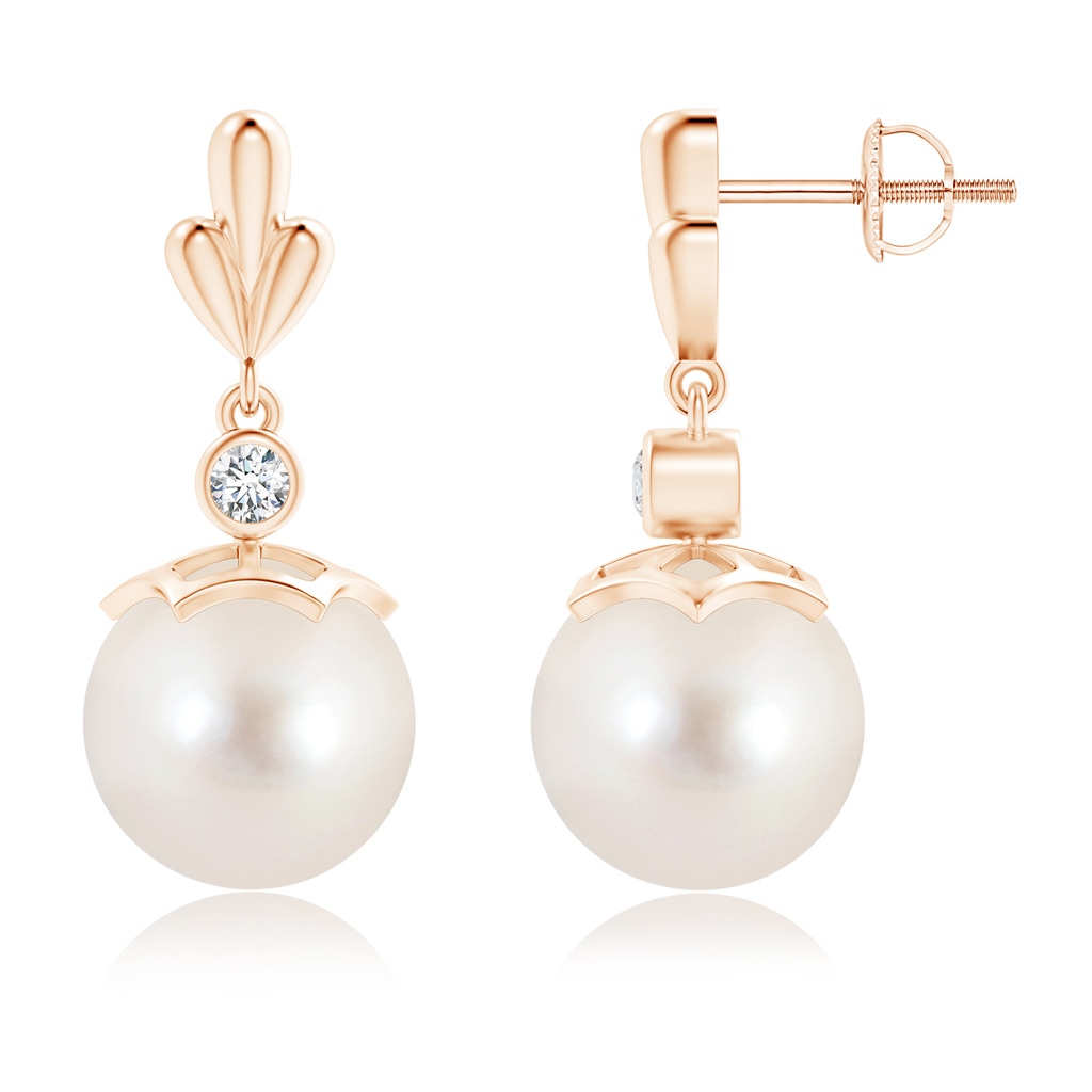 10mm AAAA Freshwater Cultured Pearl & Diamond Pear Motif Earrings in Rose Gold
