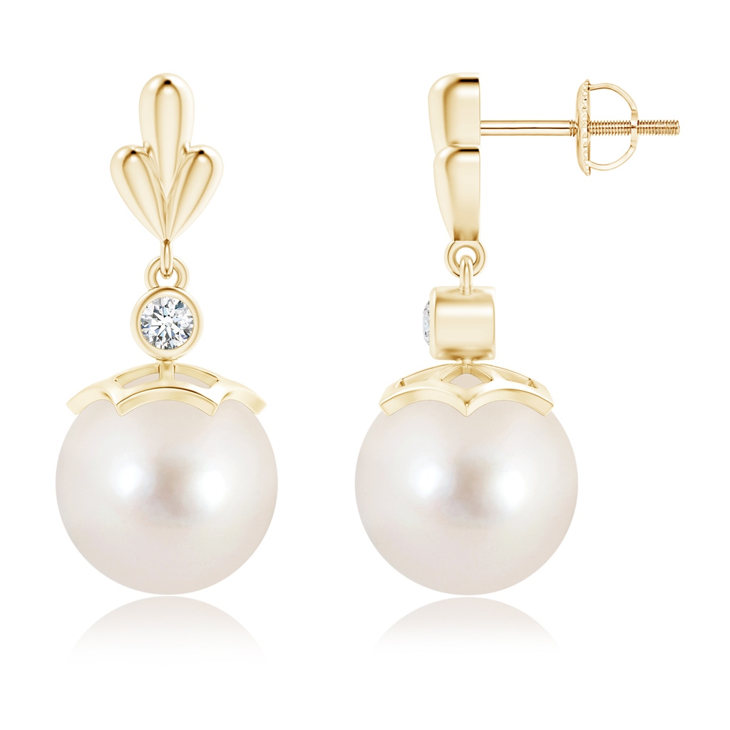 10mm AAAA Freshwater Cultured Pearl & Diamond Pear Motif Earrings in Yellow Gold