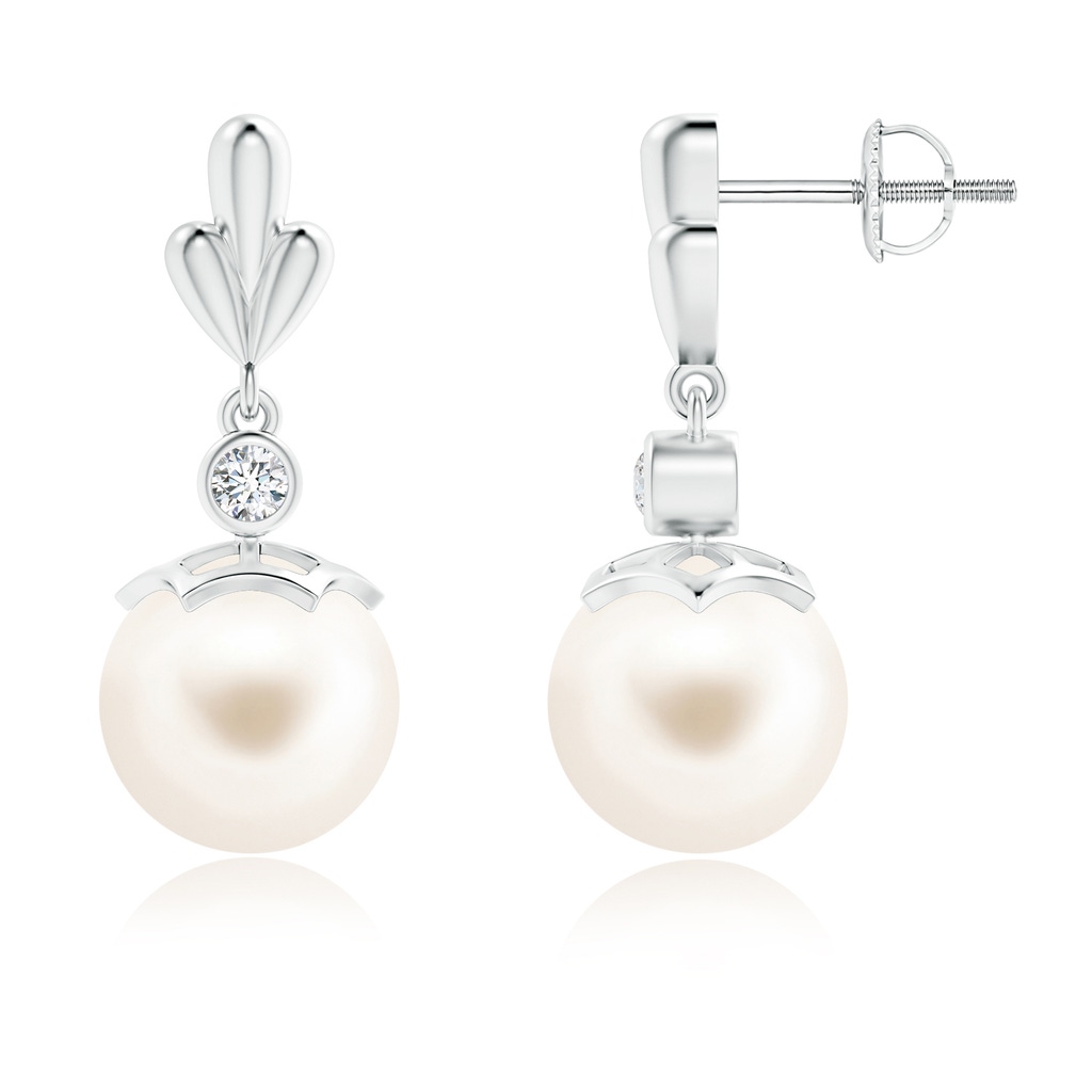 9mm AAA Freshwater Cultured Pearl & Diamond Pear Motif Earrings in White Gold