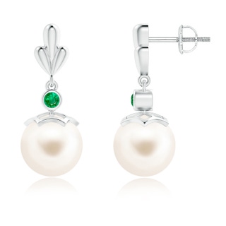 9mm AAA Freshwater Cultured Pearl & Emerald Pear Motif Earrings in White Gold