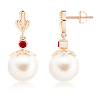 10mm AAA Freshwater Pearl & Ruby Pear Motif Earrings in Rose Gold