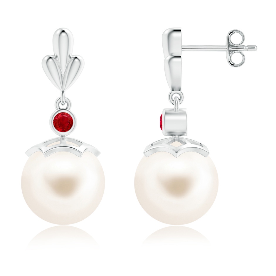 10mm AAA Freshwater Pearl & Ruby Pear Motif Earrings in S999 Silver 