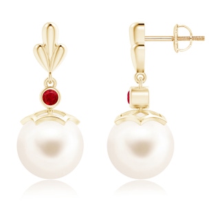 10mm AAA Freshwater Pearl & Ruby Pear Motif Earrings in Yellow Gold