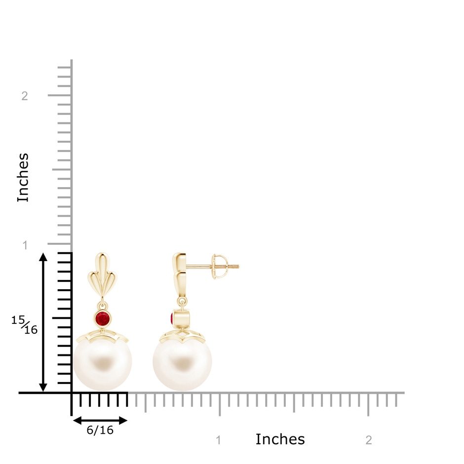 10mm AAA Freshwater Pearl & Ruby Pear Motif Earrings in Yellow Gold product image