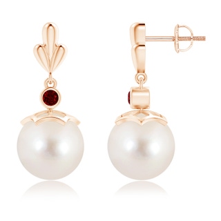 10mm AAAA Freshwater Pearl & Ruby Pear Motif Earrings in Rose Gold