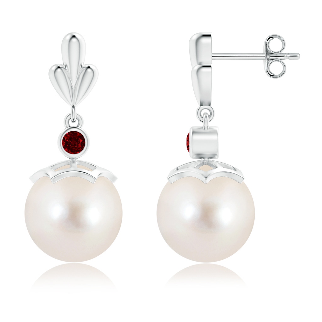 10mm AAAA Freshwater Pearl & Ruby Pear Motif Earrings in S999 Silver