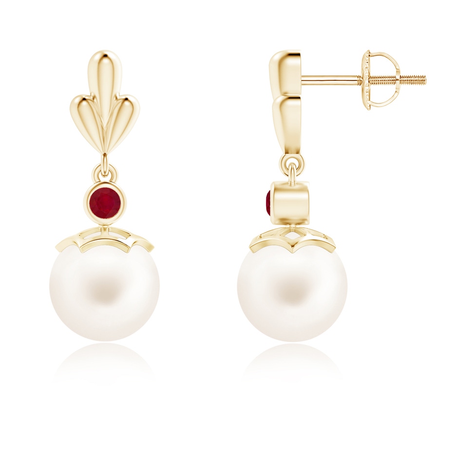 8mm AA Freshwater Pearl & Ruby Pear Motif Earrings in Yellow Gold 