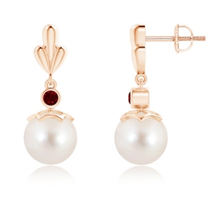 8mm AAAA Freshwater Pearl & Ruby Pear Motif Earrings in 9K Rose Gold