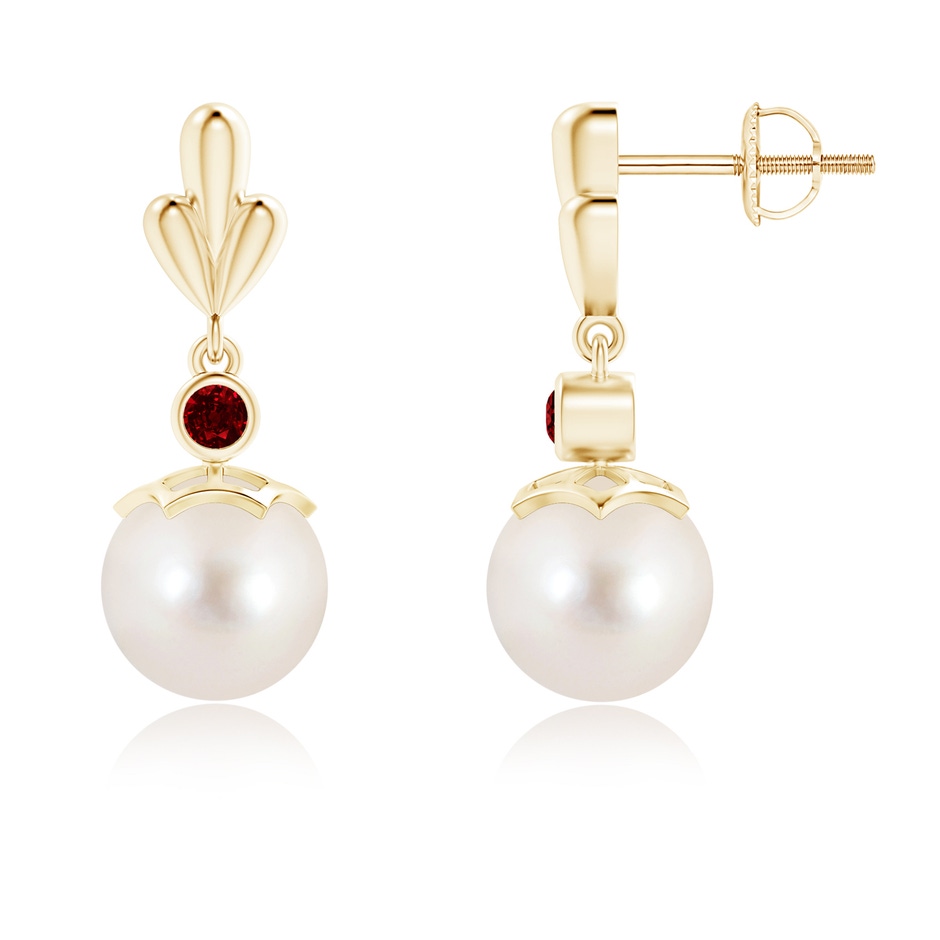 8mm AAAA Freshwater Pearl & Ruby Pear Motif Earrings in Yellow Gold 