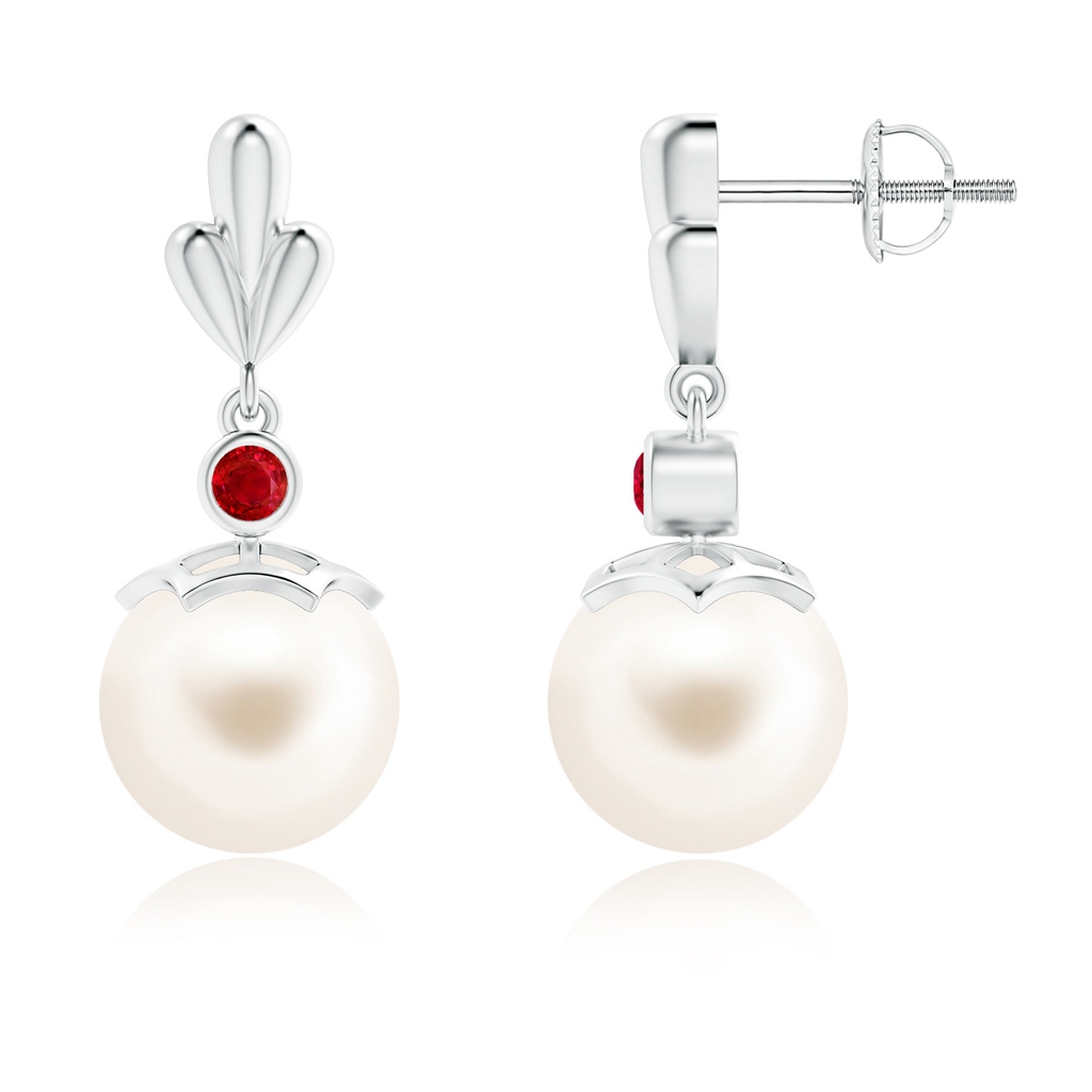 9mm AAA Freshwater Pearl & Ruby Pear Motif Earrings in White Gold