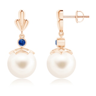 10mm AAA Freshwater Cultured Pearl & Sapphire Pear Motif Earrings in Rose Gold