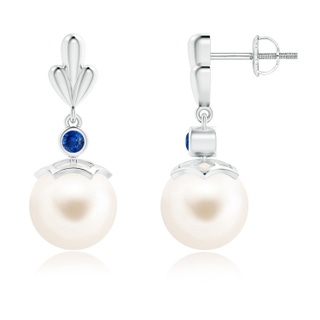 9mm AAA Freshwater Cultured Pearl & Sapphire Pear Motif Earrings in White Gold