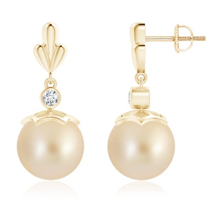 10mm AA Golden South Sea Cultured Pearl & Diamond Pear Motif Earrings in Yellow Gold