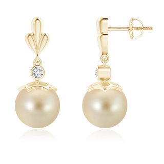 9mm AAA Golden South Sea Cultured Pearl & Diamond Pear Motif Earrings in Yellow Gold