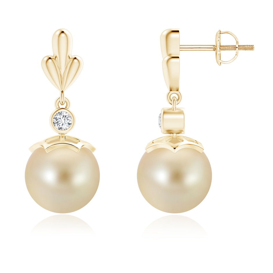 9mm AAA Golden South Sea Cultured Pearl & Diamond Pear Motif Earrings in Yellow Gold 