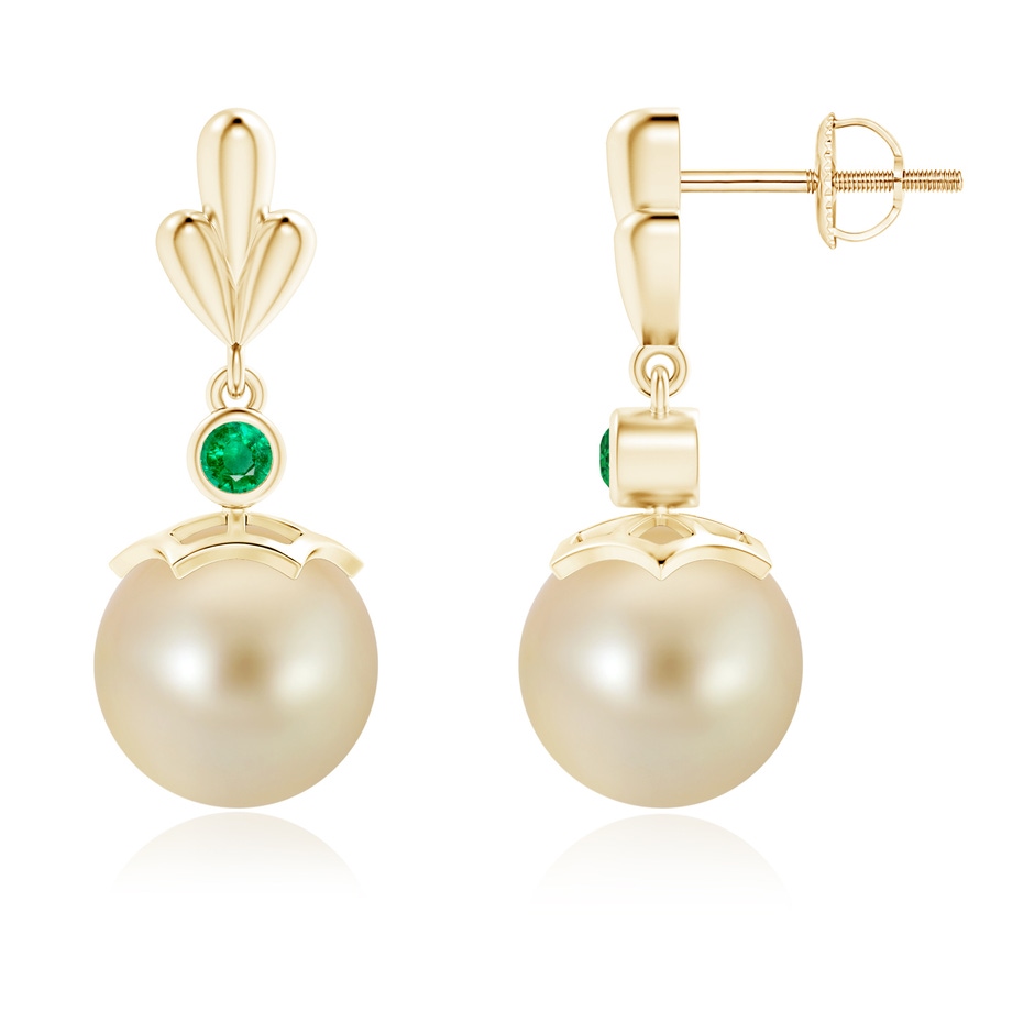 9mm AAA Golden South Sea Cultured Pearl & Emerald Pear Motif Earrings in Yellow Gold 