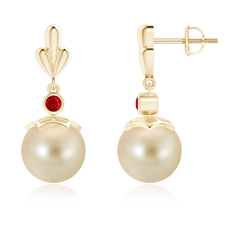 9mm AAA Golden South Sea Cultured Pearl & Ruby Pear Motif Earrings in Yellow Gold 