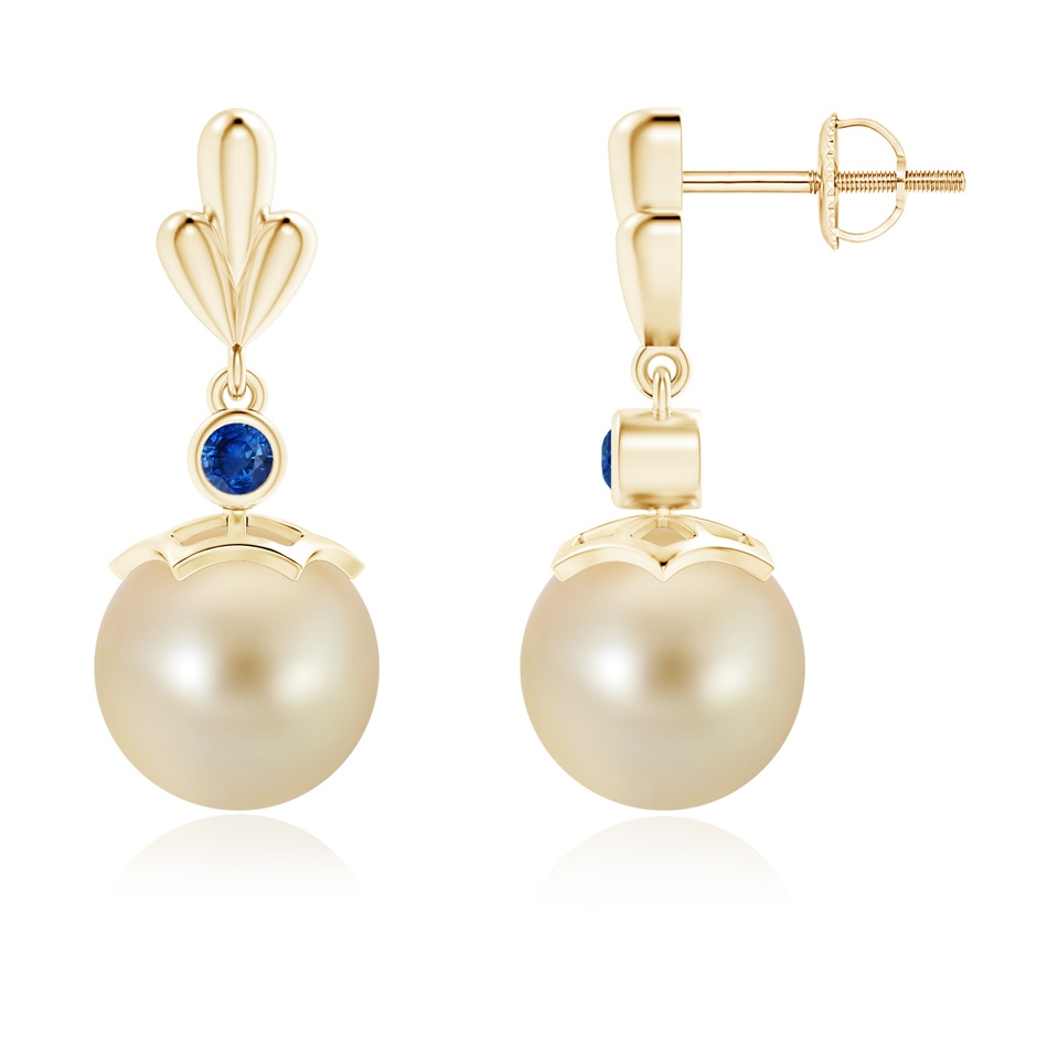 9mm AAA Golden South Sea Cultured Pearl & Sapphire Pear Motif Earrings in Yellow Gold 