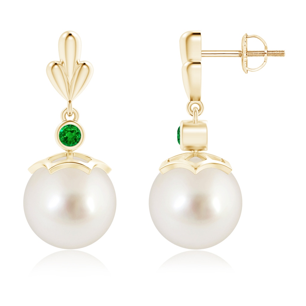 10mm AAAA South Sea Cultured Pearl & Emerald Pear Motif Earrings in Yellow Gold