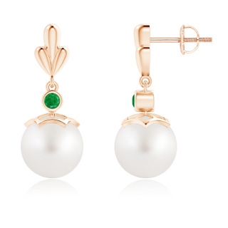 9mm AA South Sea Cultured Pearl & Emerald Pear Motif Earrings in Rose Gold