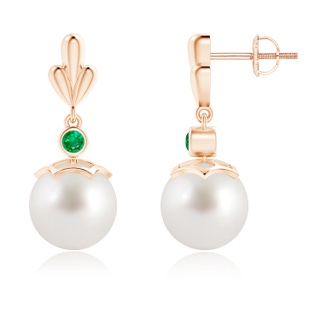 9mm AAA South Sea Cultured Pearl & Emerald Pear Motif Earrings in 10K Rose Gold