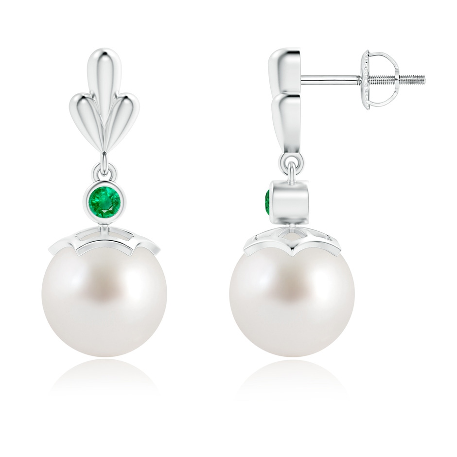 9mm AAA South Sea Cultured Pearl & Emerald Pear Motif Earrings in White Gold 