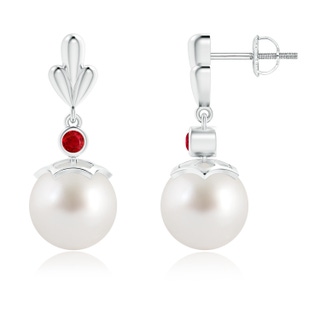9mm AAA South Sea Cultured Pearl & Ruby Pear Motif Earrings in White Gold