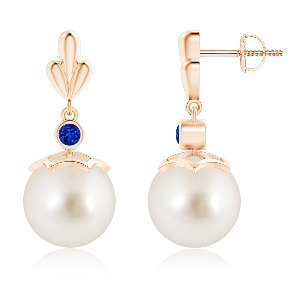 10mm AAAA South Sea Cultured Pearl & Sapphire Pear Motif Earrings in Rose Gold