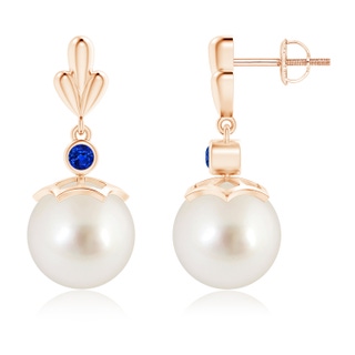 10mm AAAA South Sea Cultured Pearl & Sapphire Pear Motif Earrings in Rose Gold