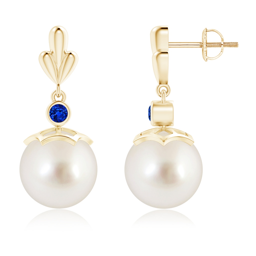 10mm AAAA South Sea Cultured Pearl & Sapphire Pear Motif Earrings in Yellow Gold