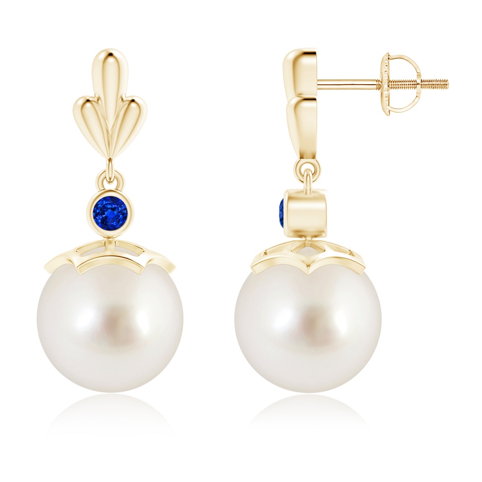 10mm AAAA South Sea Cultured Pearl & Sapphire Pear Motif Earrings in Yellow Gold 
