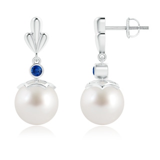 9mm AAA South Sea Cultured Pearl & Sapphire Pear Motif Earrings in White Gold