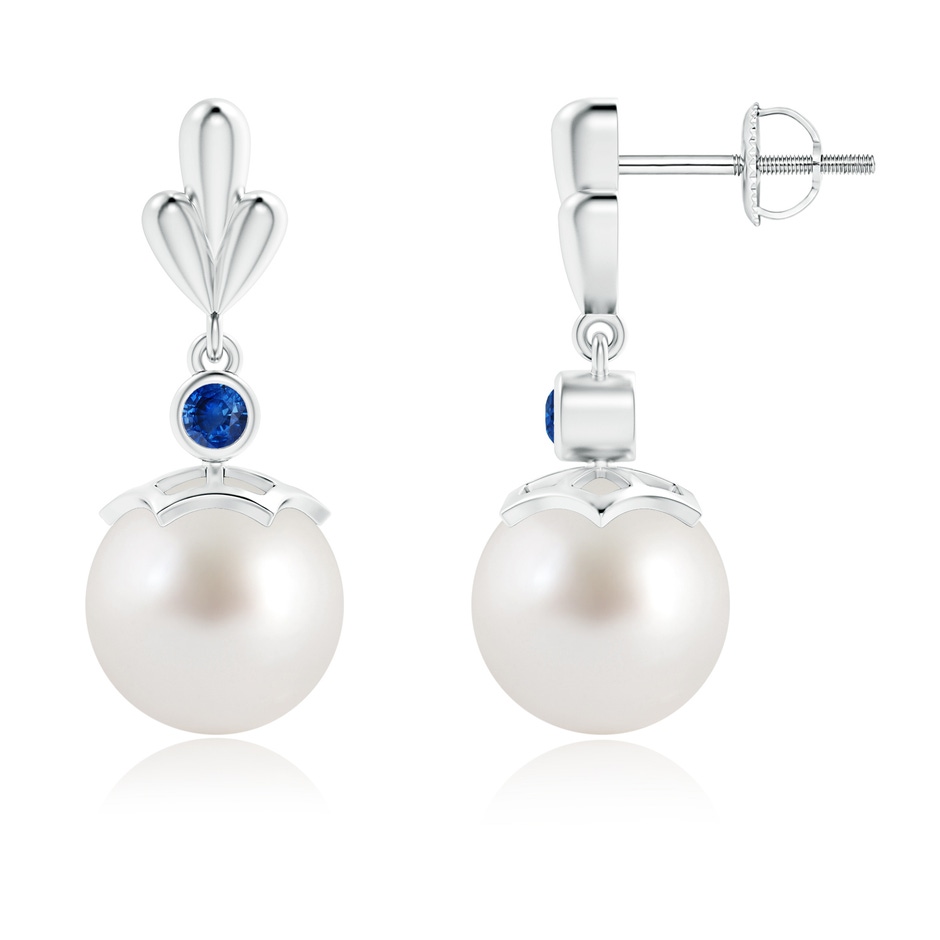 9mm AAA South Sea Cultured Pearl & Sapphire Pear Motif Earrings in White Gold 