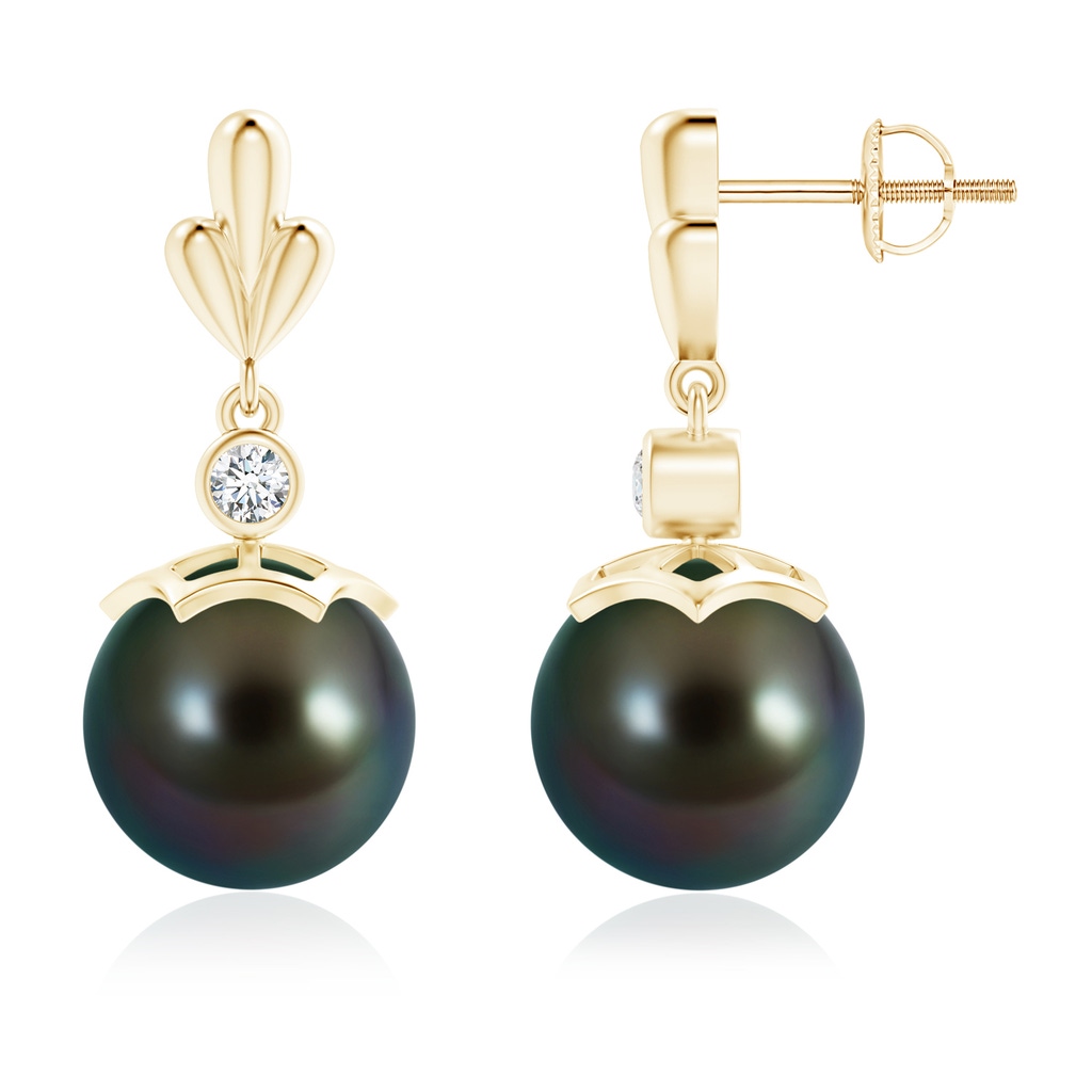 10mm AAAA Tahitian Pearl & Diamond Pear Motif Earrings in Yellow Gold