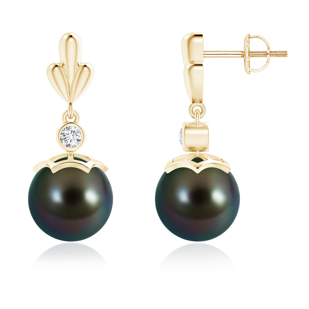 9mm AAAA Tahitian Pearl & Diamond Pear Motif Earrings in Yellow Gold