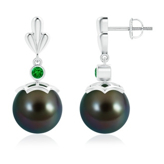 10mm AAAA Tahitian Cultured Pearl & Emerald Pear Motif Earrings in White Gold